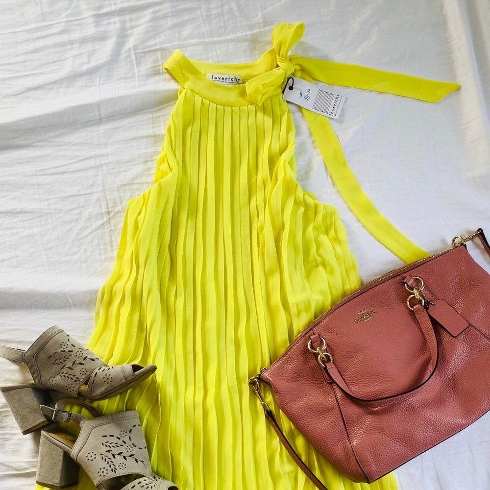 Yellow Pleated Shift Dress